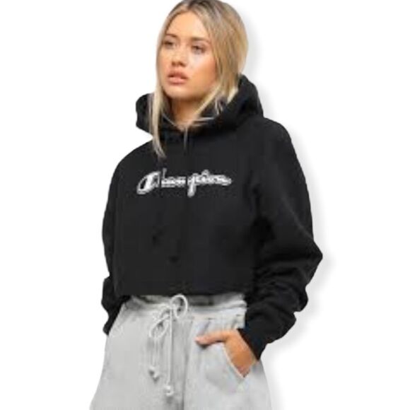 Champion Black Reverse Weave Embroidered Cropped Hoodie Sweatshirt - Picture 11 of 12